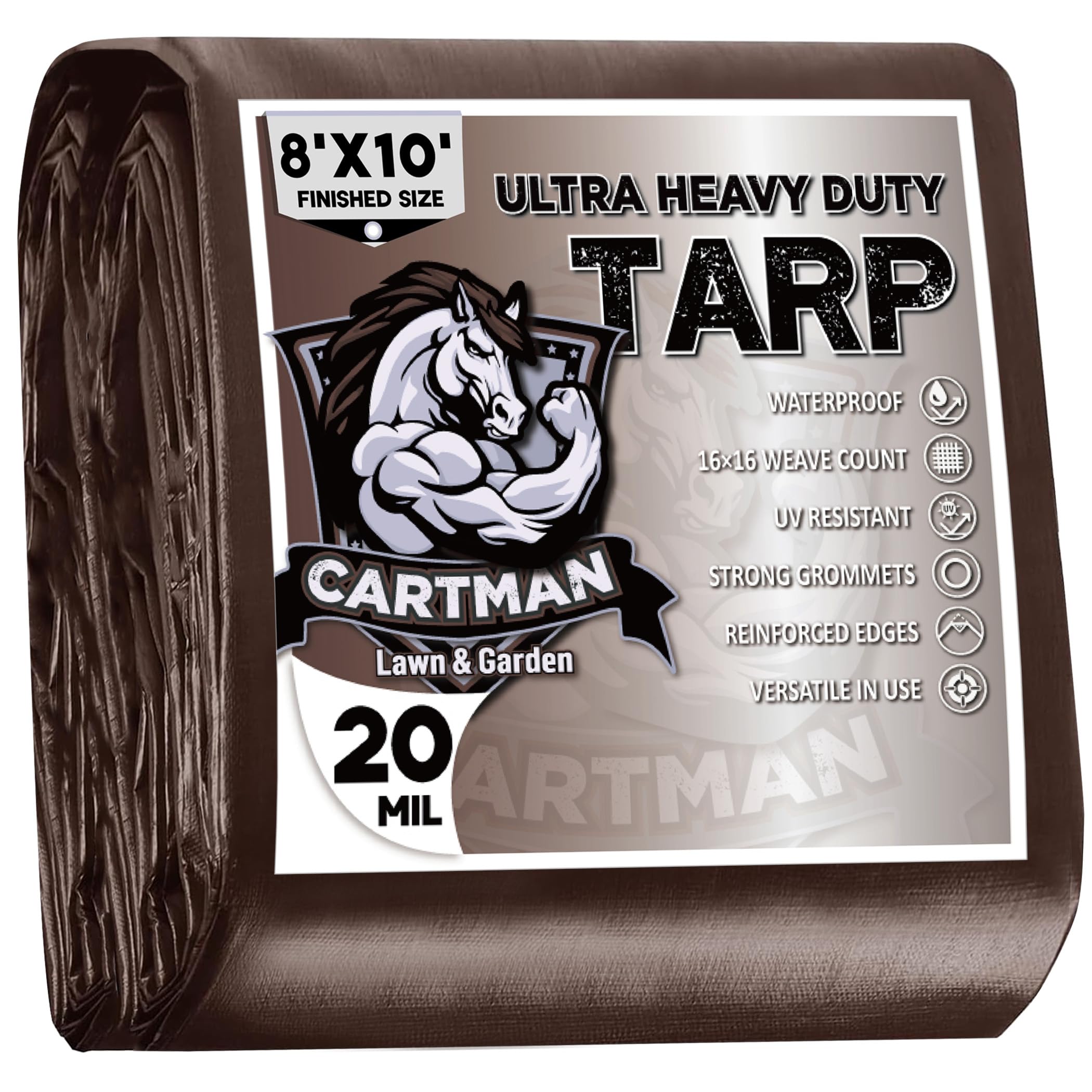 CARTMAN 8x10Ft Industrial Waterproof Poly Tarp Cover 20 Mil, Brown